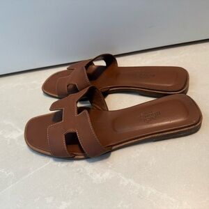 Brown Leather Slide Sandals
